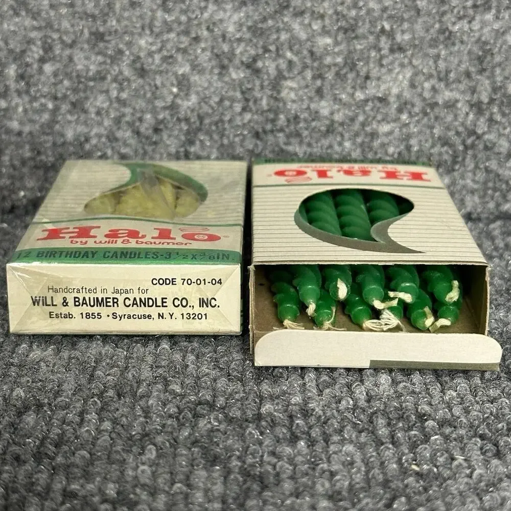 Vintage 3.5” twist birthday candles 12 yellow 11 green Halo Will & Baumer Japan
